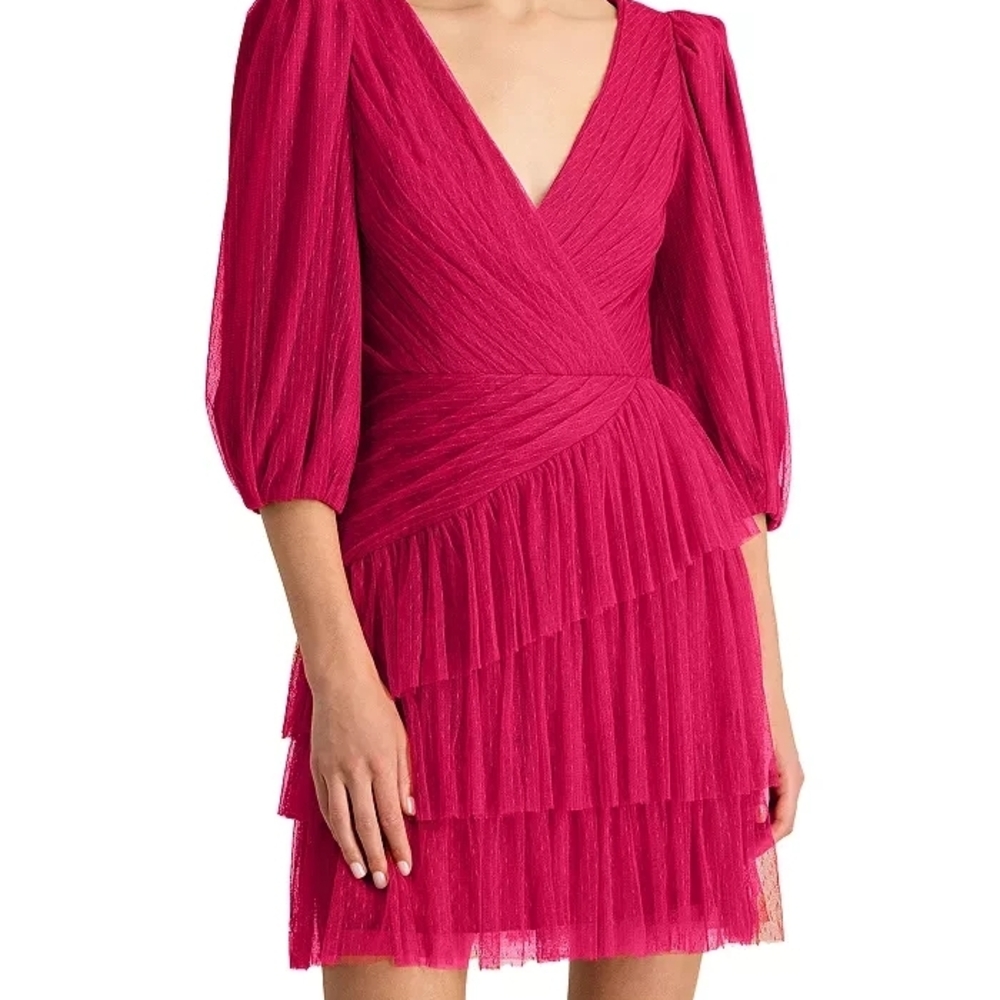 ML MONIQUE LHUILLIER Chic Fuchsia Mini Dress with Layered Skirt 📦DO.